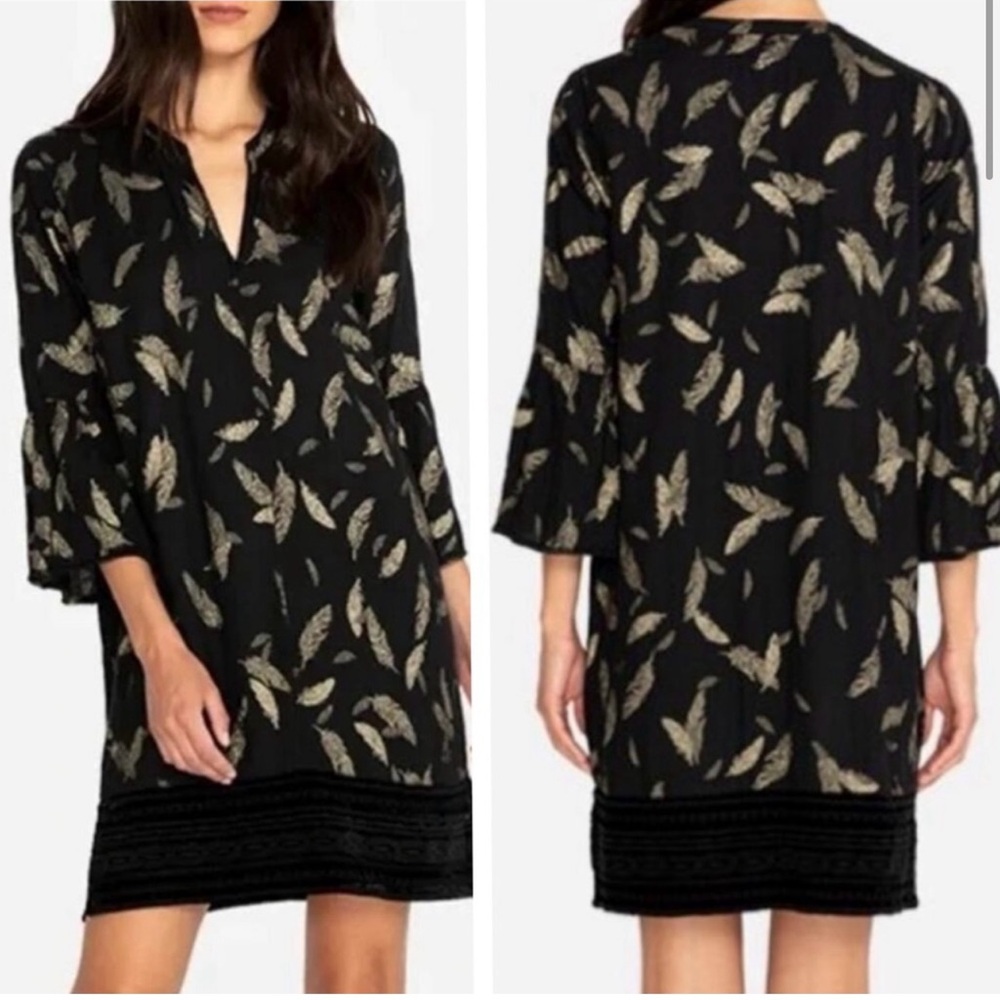 Johnny Was Black Dress with Gold Feather Pattern - Picture 2 of 6